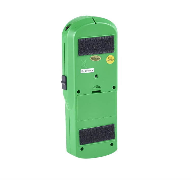 Green handheld device with black straps on a white background