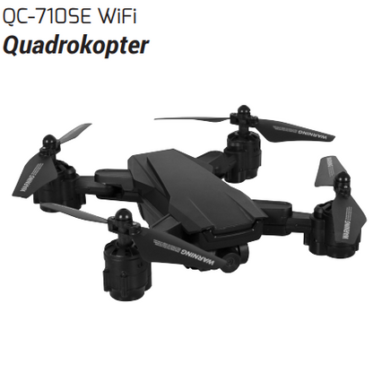 Black drone with propellers on a white background, featuring text and branding.