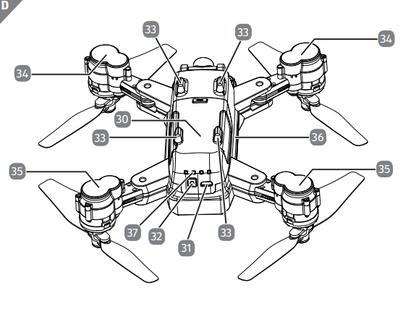Technical diagram of a drone with labeled parts on a white background