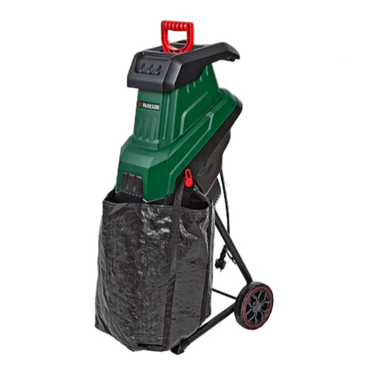 Green and black Knife Shredder with a black bag on a white background