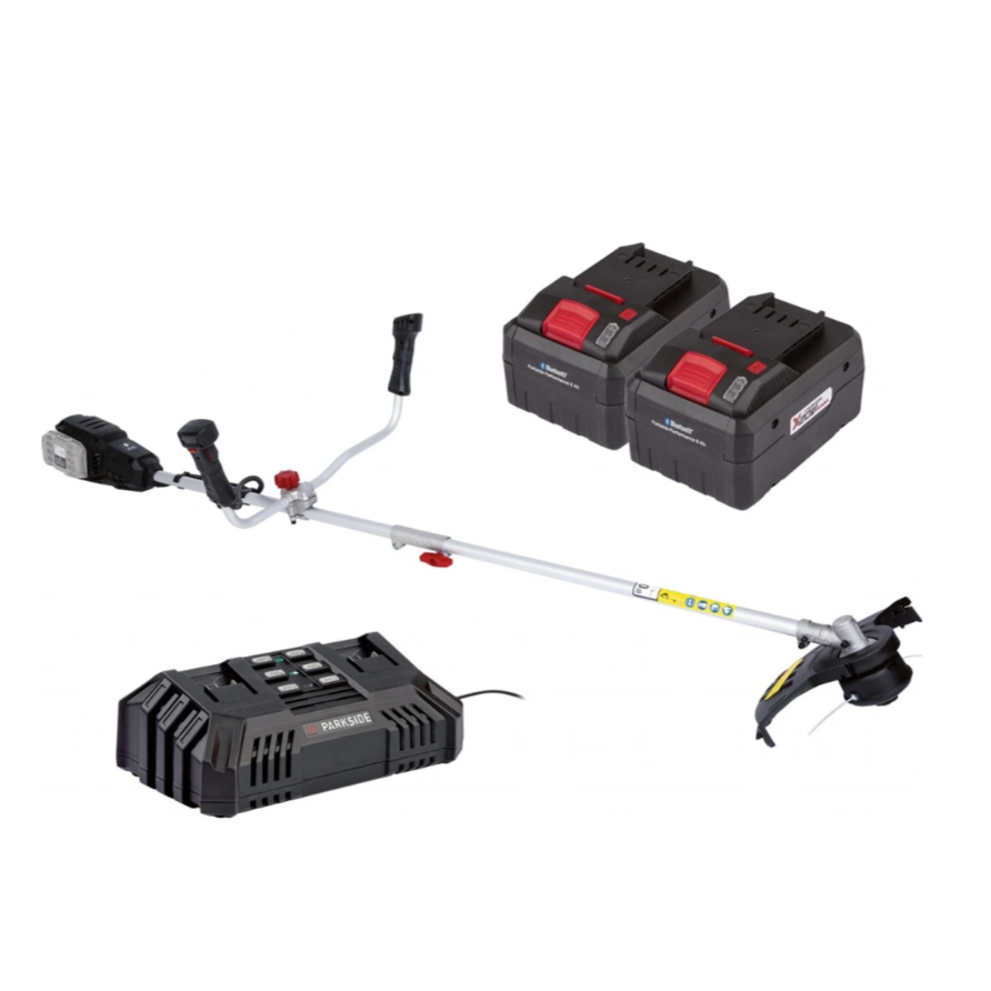 String trimmer with two batteries and a charger on a white background