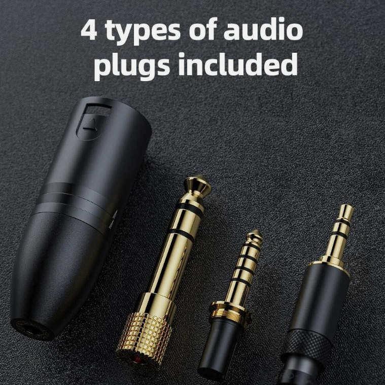 Four types of audio plugs on a dark textured background with text '4 types of audio plugs included'.