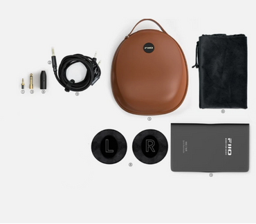 FiiO audio accessories including earbuds, cable, case, and packaging on a white background
