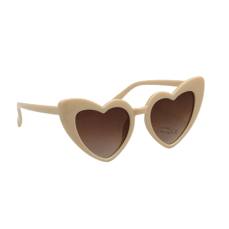 Heart-shaped sunglasses with beige frame and brown lenses on a white background
