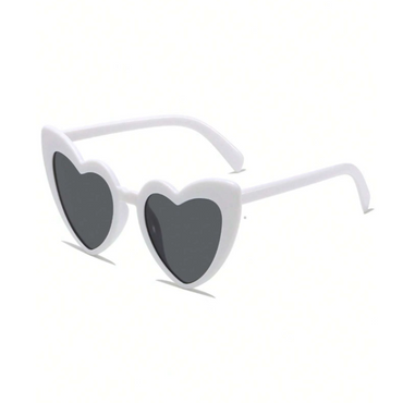 Heart-shaped sunglasses with white frame and dark lenses on a white background