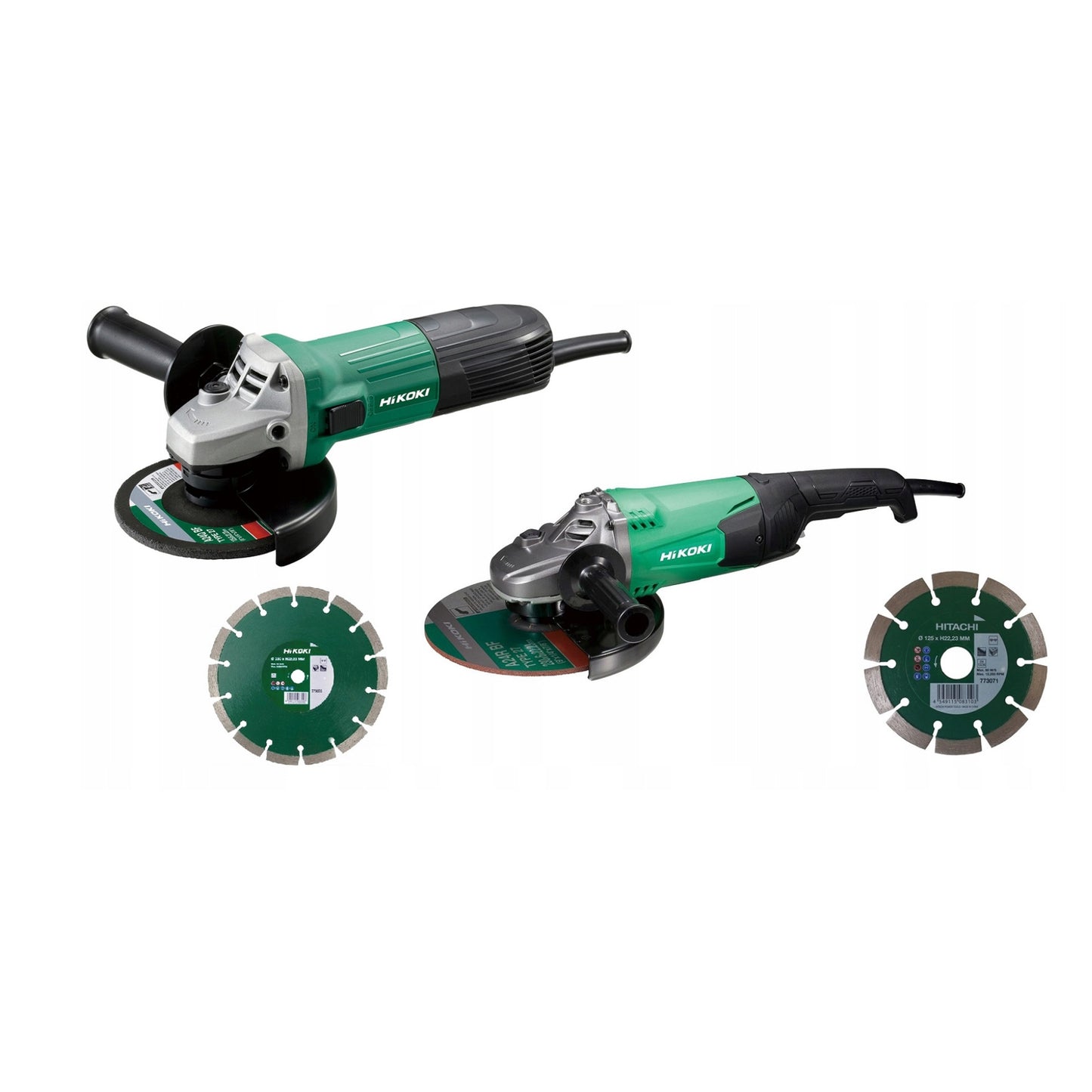 Two green angle grinders with additional wheels on a white background