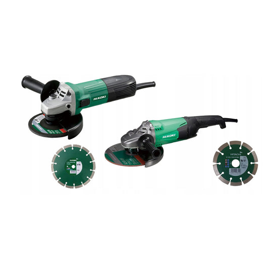 Two green angle grinders with additional wheels on a white background