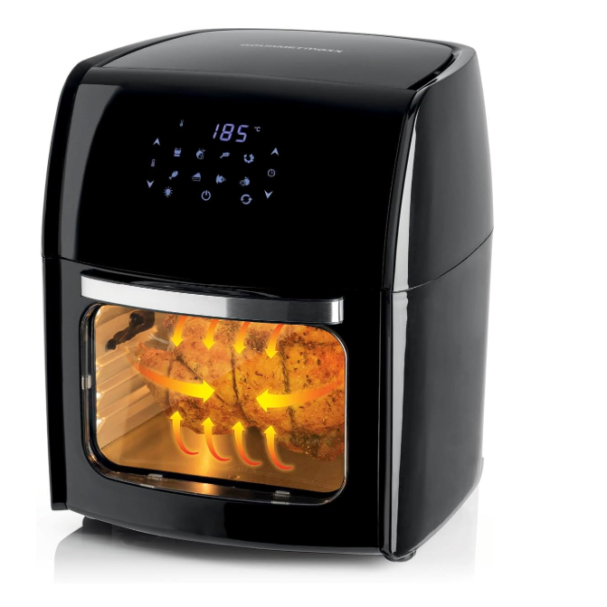 Black air fryer with digital display on a white background