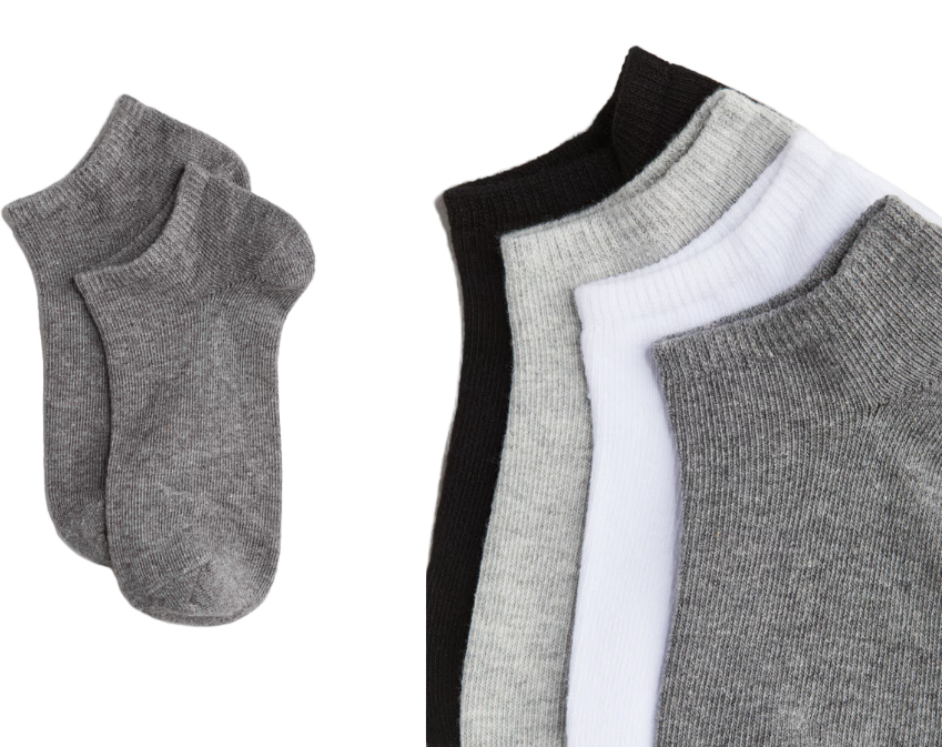 Set of gray, black, and white ankle socks on a white background