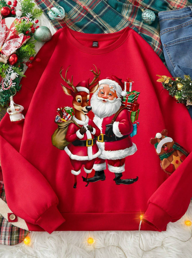 Christmas Casual Minimalist Santa Claus Print Round Neck Long Sleeve Loose Fit