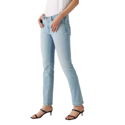 Light blue jeans worn by a person on a plain background