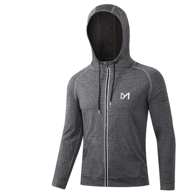 Gray hoodie with a logo on a white background