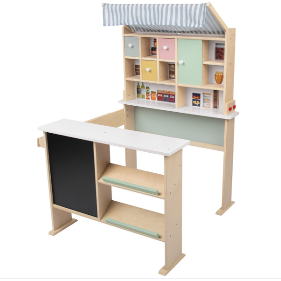 Children's play desk with shelves and a small roof on a white background