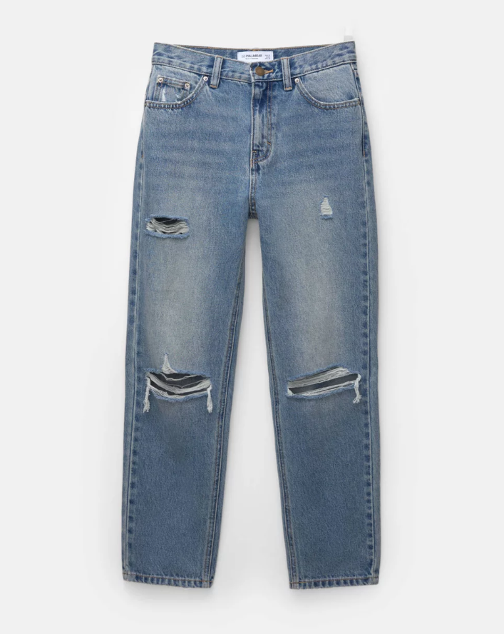 Pull&Bear Women's High Waist Ripped Mom Jeans - Medium Blue Denim Comfort