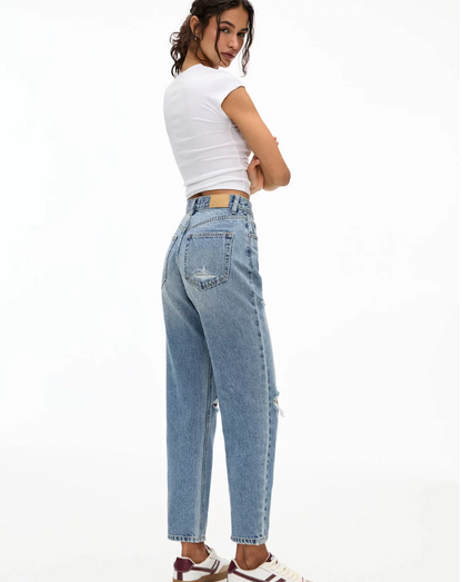 Pull&Bear Women's High Waist Ripped Mom Jeans - Medium Blue Denim Comfort