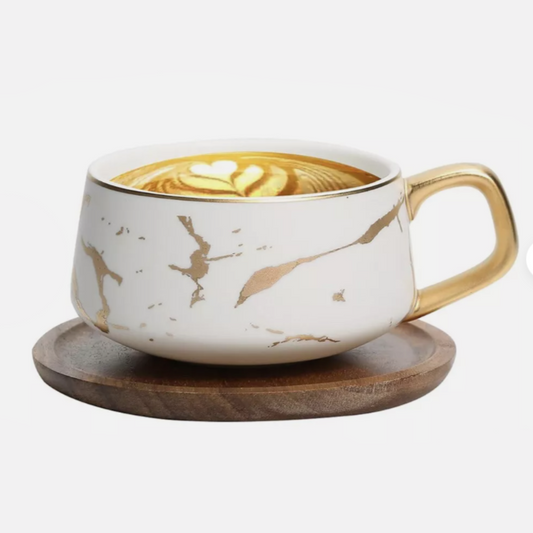 Beauty House white Gold Ceramic Tea Cup & Acacia Wooden Saucer