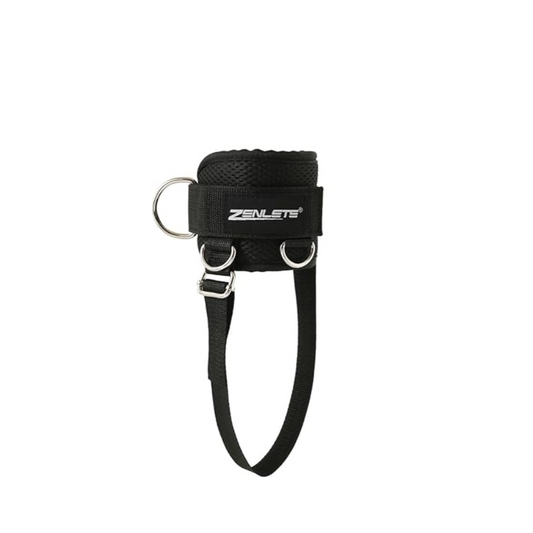 Black wrist strap with metal rings on a white background