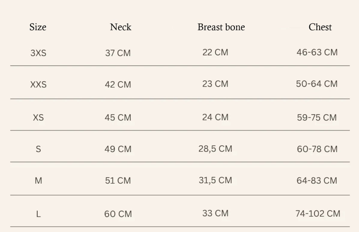 Measurement chart for clothing sizes with neck, breast bone, and chest dimensions.