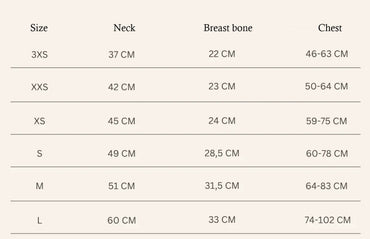 Measurement chart for clothing sizes with neck, breast bone, and chest dimensions.