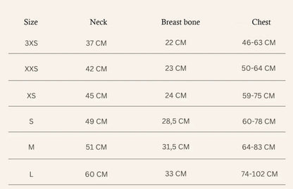 Measurement chart for clothing sizes with neck, breast bone, and chest dimensions.