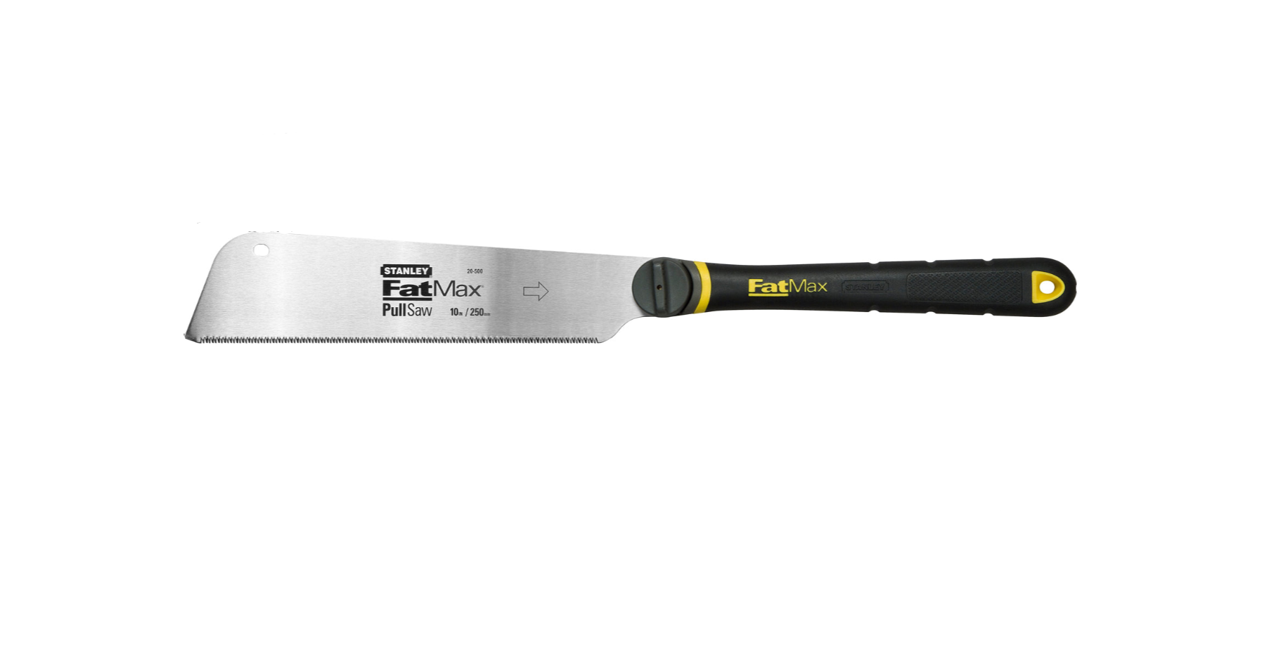 Putty knife with black handle and yellow accent on a white background