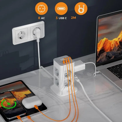 TESSAN 8-Way Power Strip Tower: 3 USB-C, Surge Protection, 2M Cord - Gomix Brands Outlet