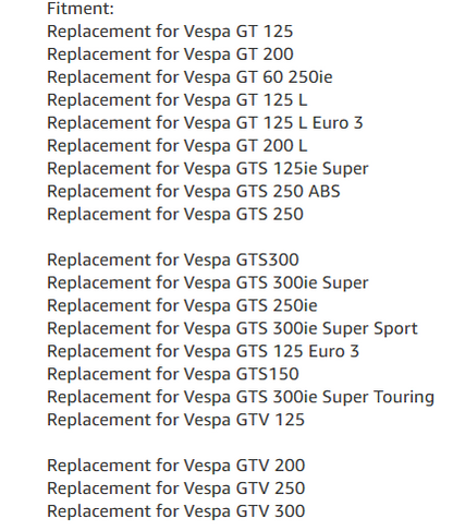 List of Vespa models with replacement fitment options on a white background
