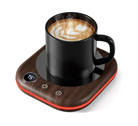 Black mug with steaming coffee on a wooden coaster with digital display