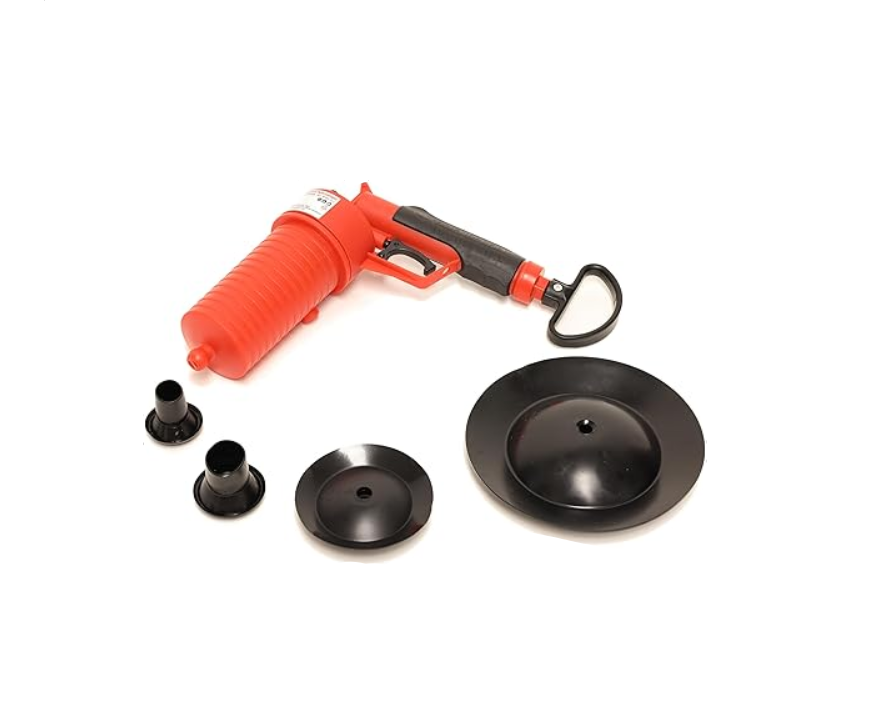 Red and black plunger with attachments on a white background