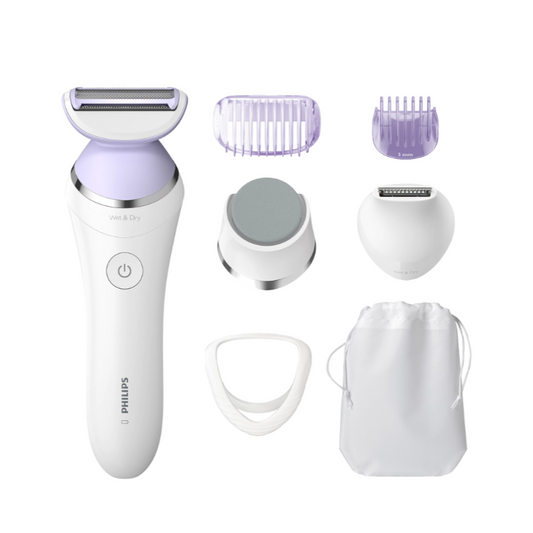 Philips women's grooming set with multiple attachments on a white background