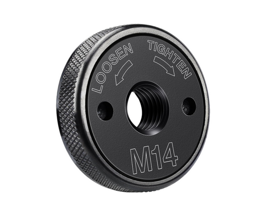 Black threaded component with 'Loosen' and 'Tighten' text and 'M14' marking on a white background