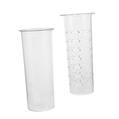 Two clear plastic cups with one having measurement markings on a white background