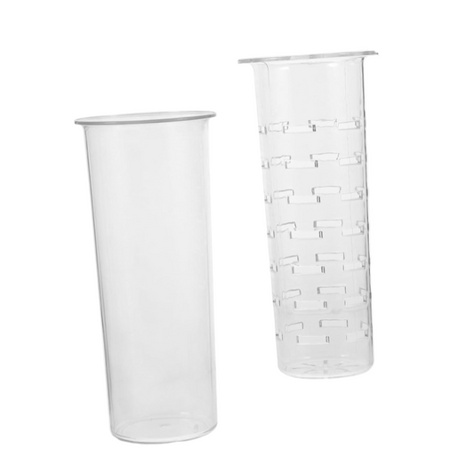 Two clear plastic cups with one having measurement markings on a white background