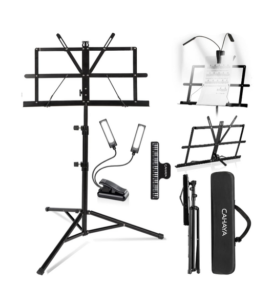 Collection of music stands and accessories on a white background