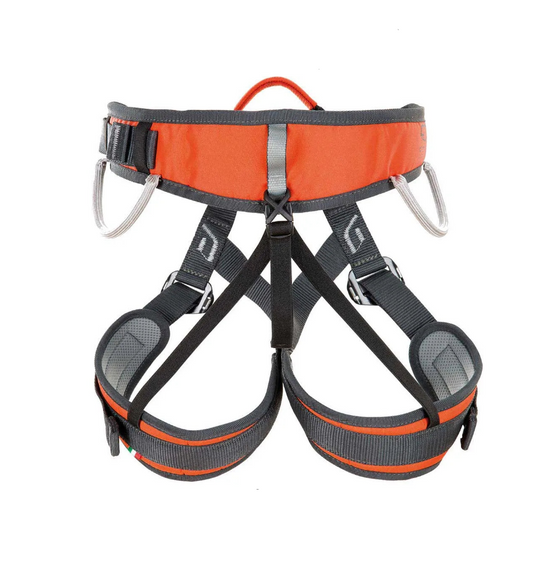 Orange and gray climbing harness on a white background
