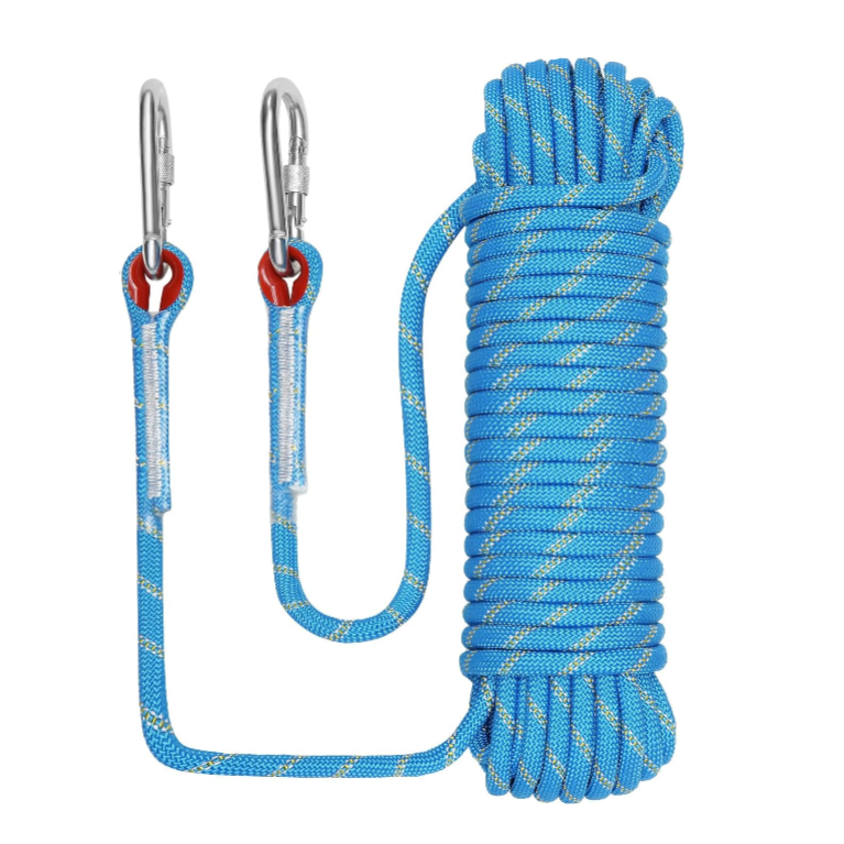 Blue rope with two carabiners on a white background