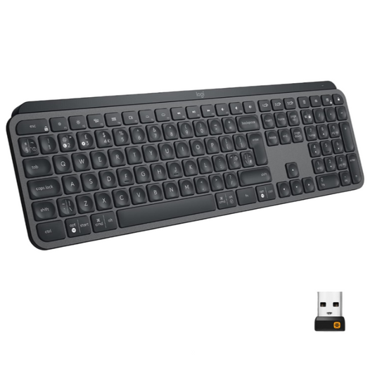 Black keyboard with USB receiver on a white background