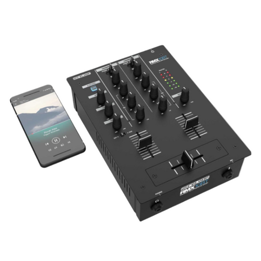 Black DJ mixer with smartphone displaying music app on a white background