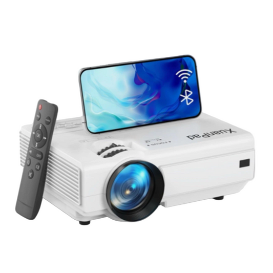 White projector with smartphone docked on top and remote control on a white background