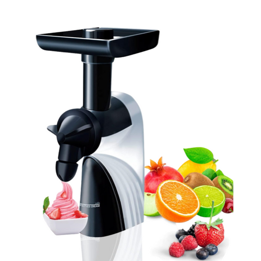 Black and white kitchen appliance with fruits and desserts on a white background