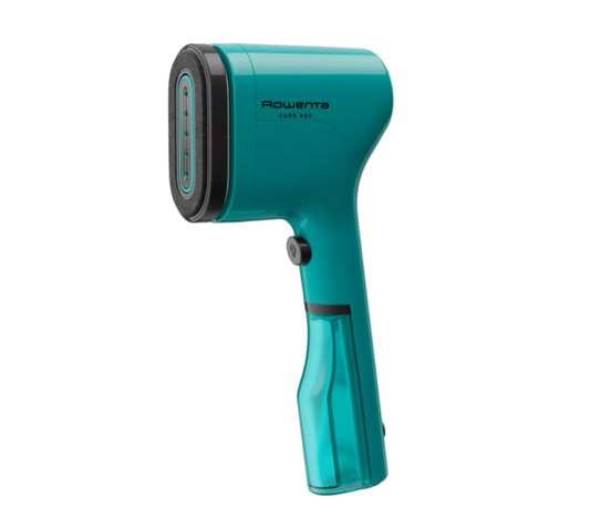 Turquoise handheld steamer with Rowenta branding on a white background
