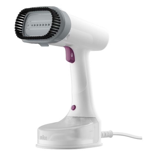 White handheld steamer with a purple handle on a white background