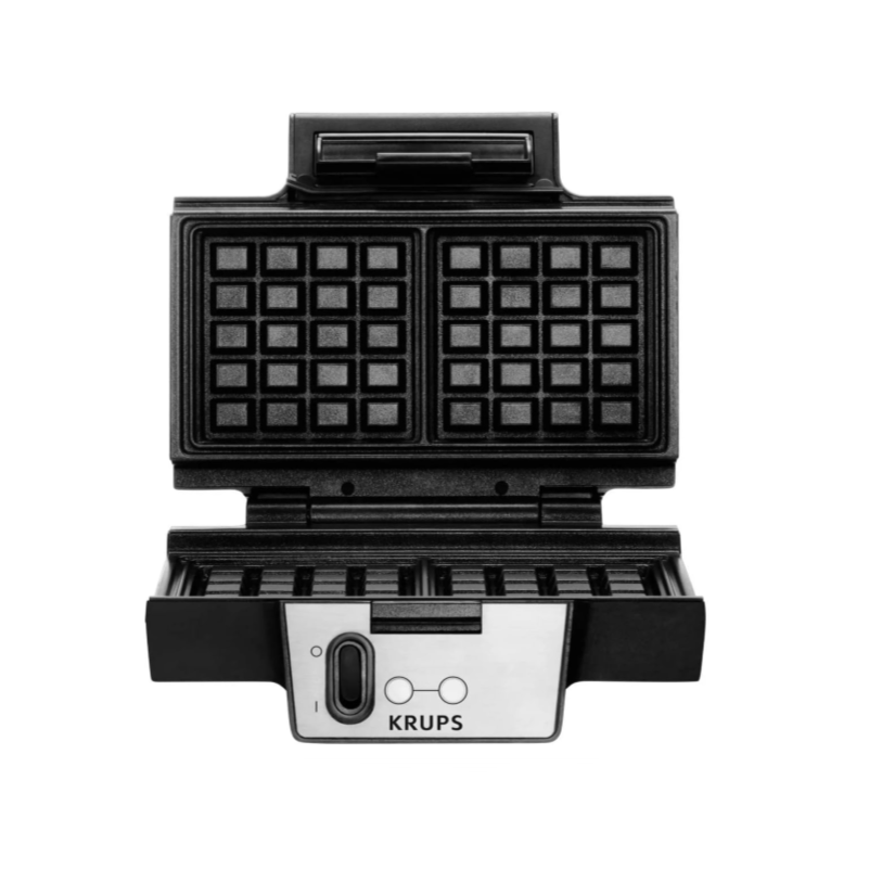 Black waffle maker with Krups branding on a white background