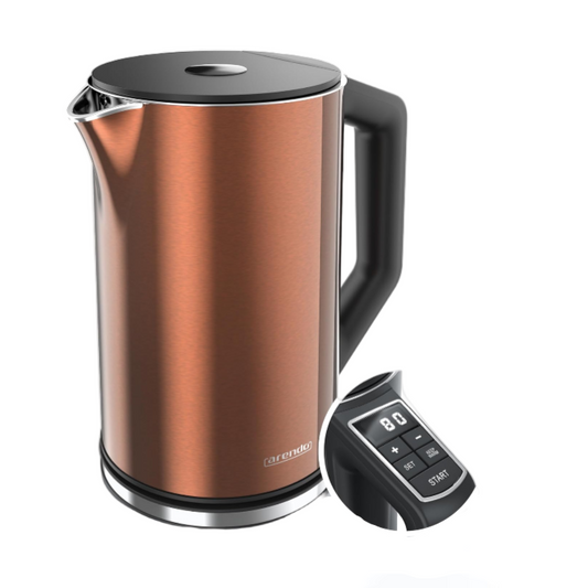 Copper electric kettle on a website page with editing tools overlayed