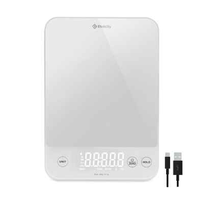 Digital kitchen scale with cable on a white background