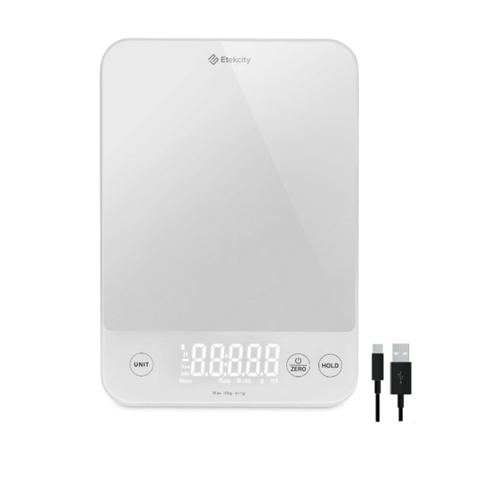 Digital kitchen scale with cable on a white background