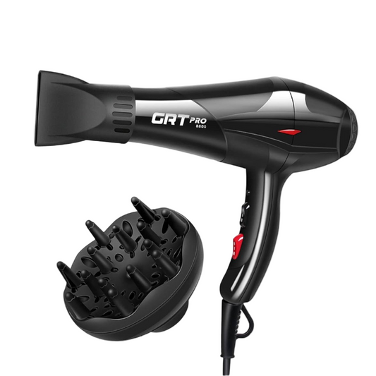 Black hair dryer with diffuser attachment on a white background