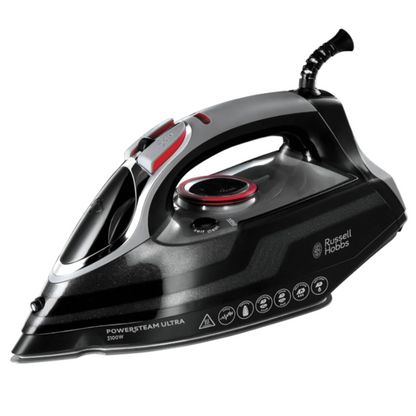 Black steam iron with visible brand logo on a white background