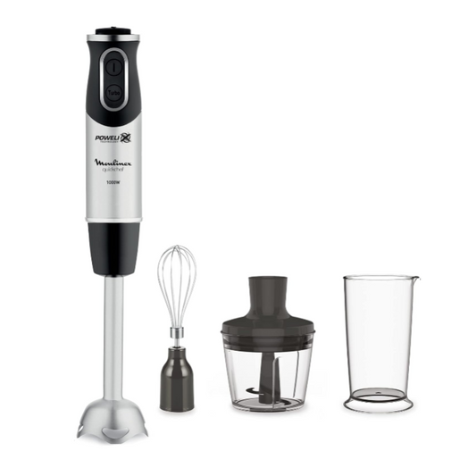 Hand blender with attachments on a white background