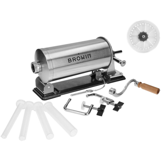 Brown metal machine with various attachments on a white background
